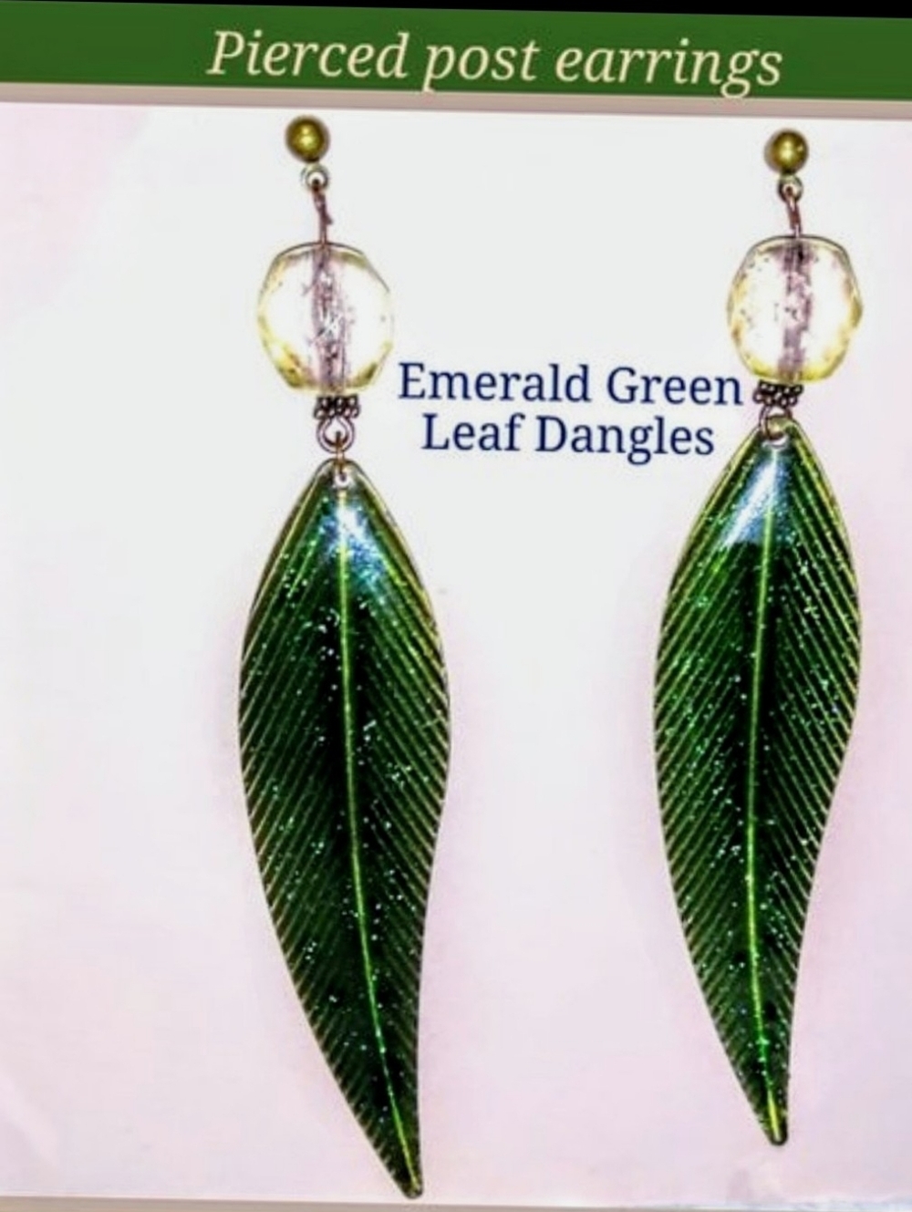 Green Glittery Leaf Earrings New On Card
